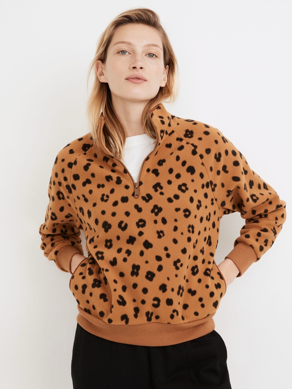 Madewell MWL Betterfleece Half-Zip Sweatshirt in Cheetah Print